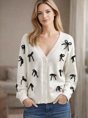 Cato White Cardigan Sweater with Black Bow Appliqués